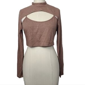 Love University Brown Ribbed Layered Long Sleeves Crop Top L